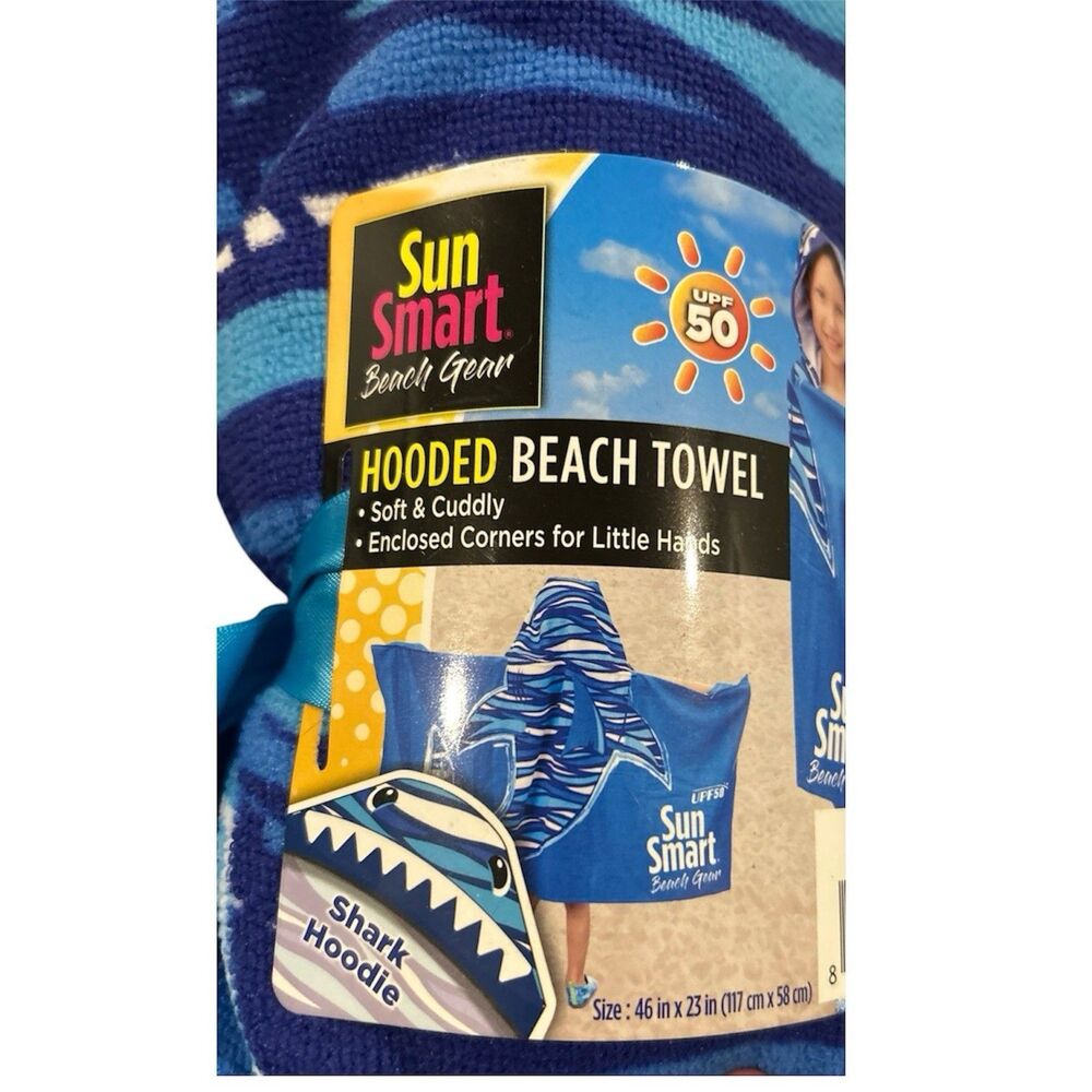 Sun Smart Shark Beach Gear Blue Shark Hooded Beach Towel UPF 50 Protection